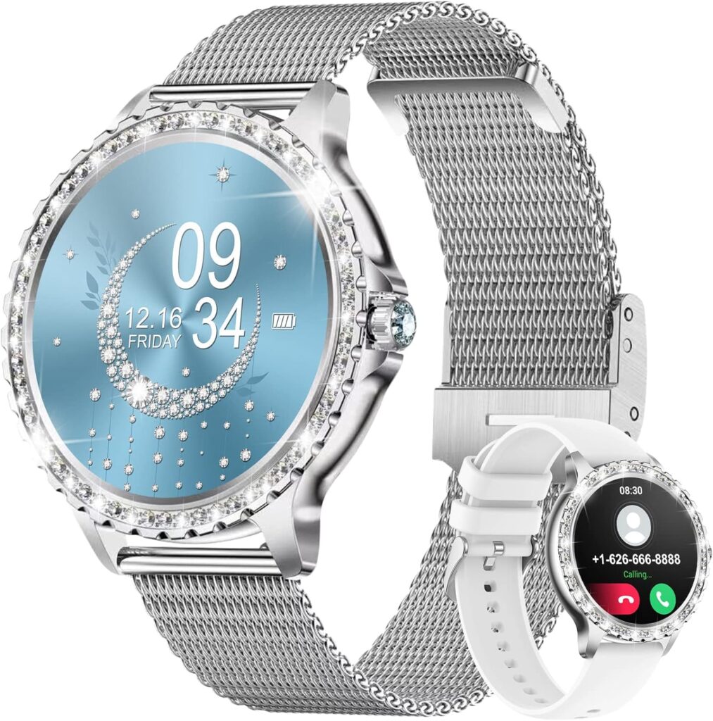 The alt text for the **Smart Watches for Women,1.32" HD Fitness Tracker Watch with Answer/Make Call,AI Voice Control, Heart Rate/Calories/SpO2 Monitor 20 Sport Modes Ladies Silver Smart Watch for Android iOS 2 Straps** could be: **"Elegant smart watch for women with a 1.32-inch HD touch screen, Bluetooth calling, heart rate monitoring, and multiple sport modes. Adorned with shiny diamonds on the bezel and straps. Compatible with Android and iOS."**¹².

