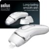 "Braun IPL Long-Lasting Hair Removal System for Women and Men, featuring a sleek white design with ergonomic handle, displayed on a white background. The device promises effective and gentle hair reduction for smooth skin."