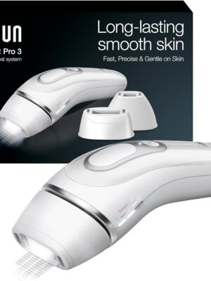 "Braun IPL Long-Lasting Hair Removal System for Women and Men, featuring a sleek white design with ergonomic handle, displayed on a white background. The device promises effective and gentle hair reduction for smooth skin."