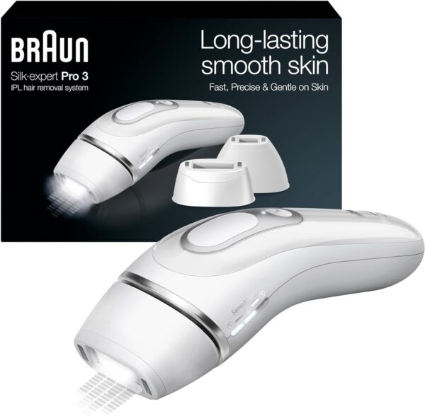 "Braun IPL Long-Lasting Hair Removal System for Women and Men, featuring a sleek white design with ergonomic handle, displayed on a white background. The device promises effective and gentle hair reduction for smooth skin."