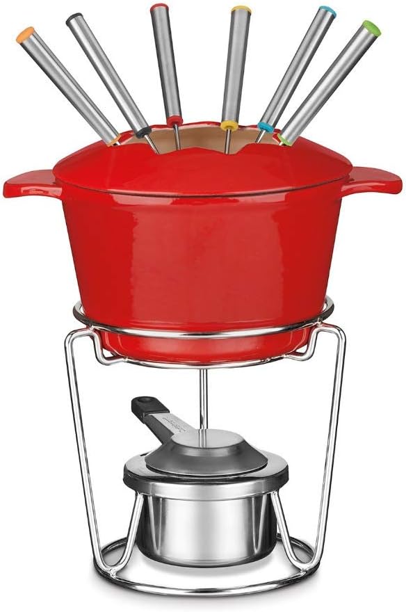 A vibrant red Cuisinart Fondue Pot & 13-Piece Cast Iron Fondue Set sits atop a dining table, surrounded by colorful ingredients and fondue forks. The cast iron pot, adorned with sleek stainless steel accents, exudes elegance and functionality. With its comprehensive 13-piece set and versatile cooking capabilities, this fondue set promises an interactive dining experience filled with camaraderie and culinary delight