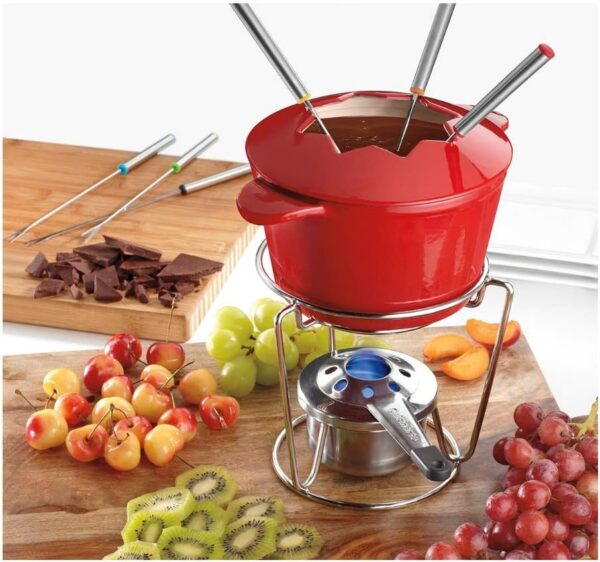 A vibrant red Cuisinart Fondue Pot & 13-Piece Cast Iron Fondue Set sits atop a dining table, surrounded by colorful ingredients and fondue forks. The cast iron pot, adorned with sleek stainless steel accents, exudes elegance and functionality. With its comprehensive 13-piece set and versatile cooking capabilities, this fondue set promises an interactive dining experience filled with camaraderie and culinary delight
