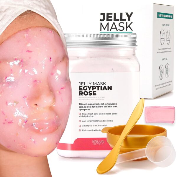 An image of BRÜUN Peel-Off Egyptian Rose Jelly Mask for Face Care, showcasing a jar of the mask with rose petals scattered around it, evoking a luxurious skincare experience inspired by ancient Egyptian beauty rituals