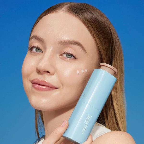 A bottle of LANEIGE Water Bank Blue Hyaluronic Serum displayed on a clean, minimalist background. The bottle features sleek, blue-toned packaging with the product name prominently displayed, emphasizing its hydrating properties and innovative skincare technology."