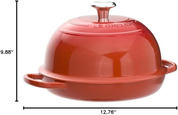 "Le Creuset Enamel Cast Iron Bread Oven in a soft, muted Shallot color. The oven features a sturdy, enameled cast iron construction with a domed lid designed to trap and circulate steam, ensuring perfect, golden, crusty loaves. Its elegant design is complemented by durable enamel coating, which resists staining, chipping, and cracking. Ideal for baking bread, as well as roasting, braising, and slow-cooking various dishes."