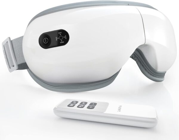"Alt text: An image showing the RENPHO Eyeris 1 Eye Massager with Heat, featuring a person wearing the massager over their eyes, with gentle warmth and vibration providing relaxation. The device includes Bluetooth connectivity for playing soothing music during use."