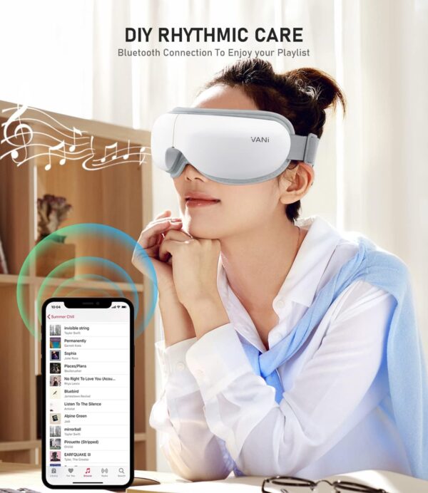 "Alt text: An image showing the RENPHO Eyeris 1 Eye Massager with Heat, featuring a person wearing the massager over their eyes, with gentle warmth and vibration providing relaxation. The device includes Bluetooth connectivity for playing soothing music during use."
