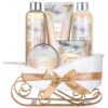 An elegant gift basket adorned with a ribbon, containing a variety of bath and body products including bubble bath, hand cream, shower gel, body lotion, and bath salts. The products feature a delightful jasmine and honey scent, promising a luxurious sensory experience for the recipient.
