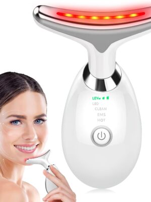 "Image of a handheld beauty device with multiple functions, including LED lights and massaging capabilities, designed for facial and neck skincare routines at home."