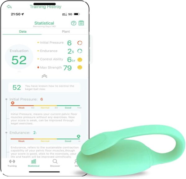 A compact pelvic floor strengthening device with smartphone app connectivity, featuring pressure induction technology for efficient workouts."