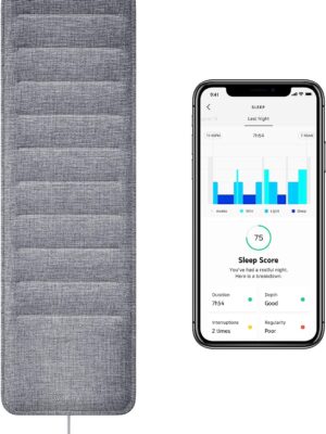 A thin sleep tracking pad placed under a mattress, measuring sleep cycles and analyzing sleep patterns.