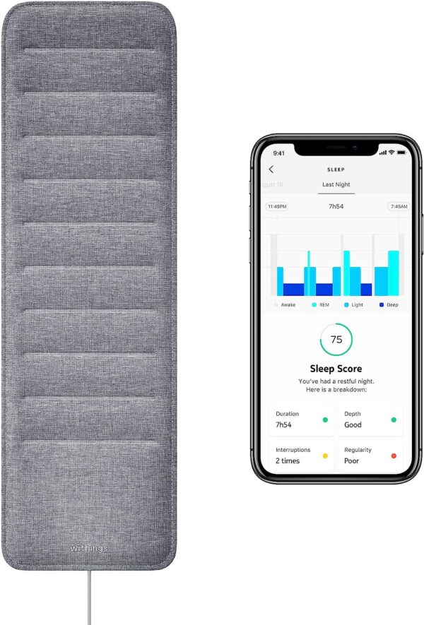 A thin sleep tracking pad placed under a mattress, measuring sleep cycles and analyzing sleep patterns.