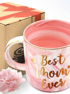 "An image of a pink marble ceramic coffee cup with the words 'Best Mom Ever' printed on it. The cup has an 11-ounce capacity." ☕🌸