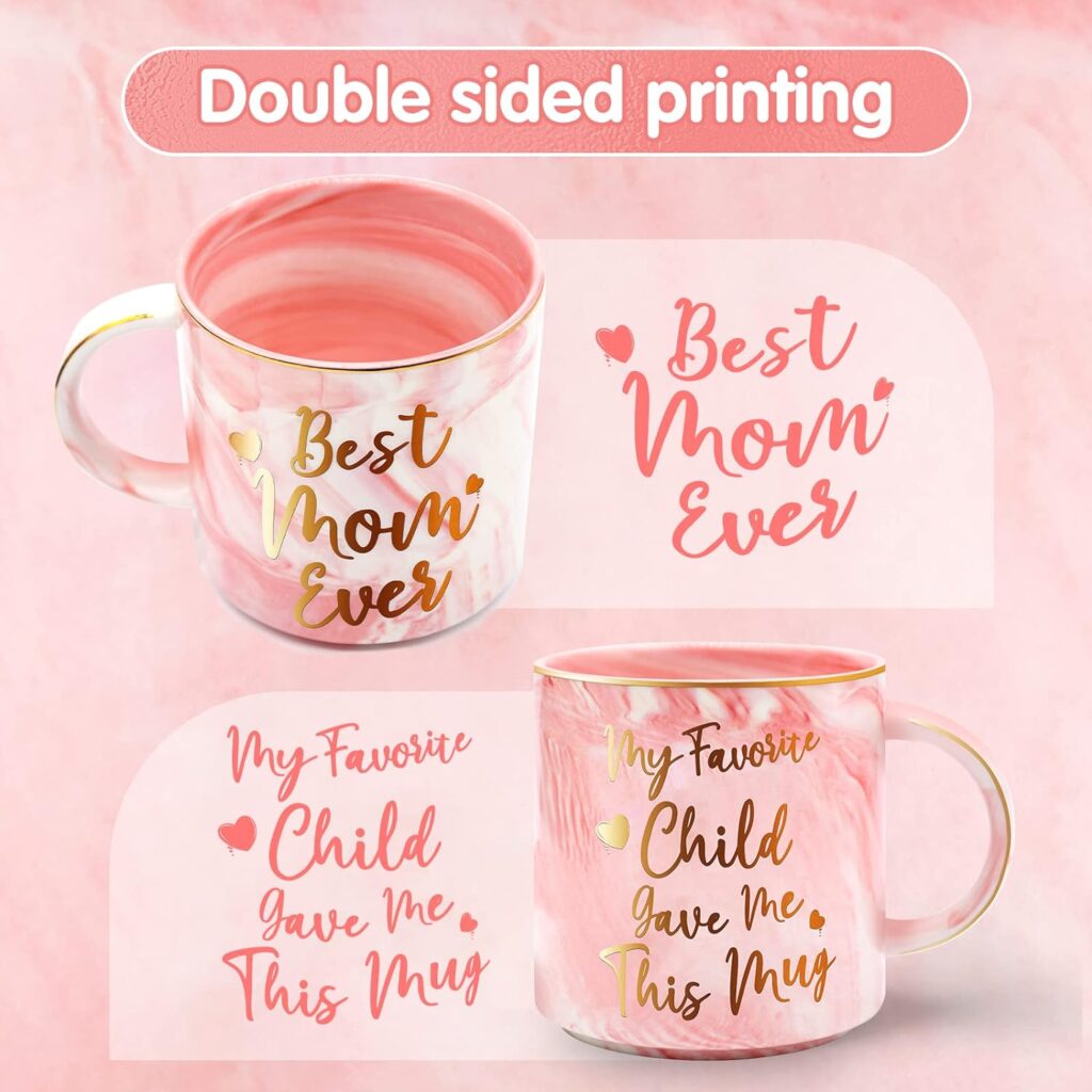 A 12 oz mug with a playful pink marble pattern and the words "Best Mom Ever" printed on both sides. The mug features a glossy finish and a comfortable handle, making it perfect for enjoying coffee, tea, or other beverages. It's a fun and thoughtful gift for moms, adding a touch of humor and style to their daily routine.