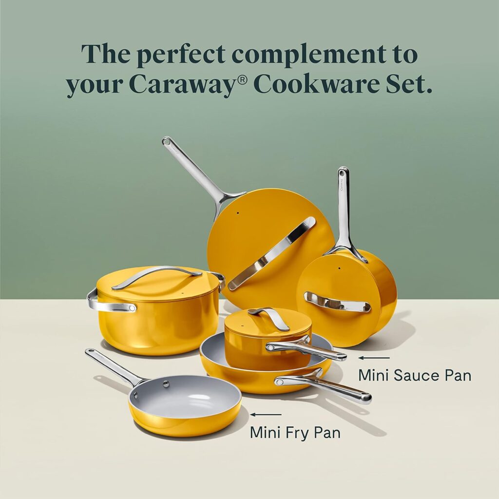 Certainly! Here's the alt text for the image of the **Caraway Mini Duo**: "Two compact non-stick ceramic pans: a mini fry pan with a 1.05-quart capacity (approximately 8 inches in diameter) and a mini sauce pan. The fry pan is ideal for frying, sautéing, and searing, while the sauce pan is perfect for sauces, gravies, and reductions."