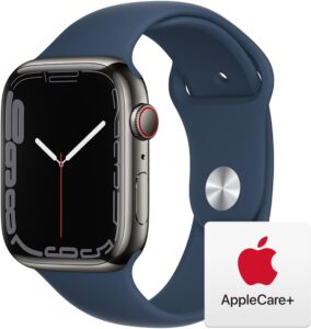 The Apple Watch Series 7 [GPS + Cellular 45mm] is a high-end smartwatch featuring a graphite stainless steel case and an abyss blue sport band. It’s equipped with comprehensive fitness tracking capabilities, including blood oxygen level monitoring and ECG apps. The watch boasts an always-on Retina display for clear visibility and is water-resistant, making it suitable for a variety of activities and environments. Its sleek design and advanced health features make it a valuable tool for anyone looking to stay connected and monitor their well-being