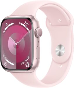 Here's an alt text for the Apple Watch Series 9 with the specified features: "The Apple Watch Series 9 is a sleek and modern smartwatch featuring a 45mm GPS-enabled pink aluminum case paired with a light pink sport band in size M/L. It's designed for fitness enthusiasts, offering a range of tracking capabilities, ECG apps, and an always-on Retina display for easy readability. The watch is water-resistant, making it suitable for various activities and conditions. Its stylish design and health-focused functionalities make it a versatile accessory for daily wear and exercise routines.