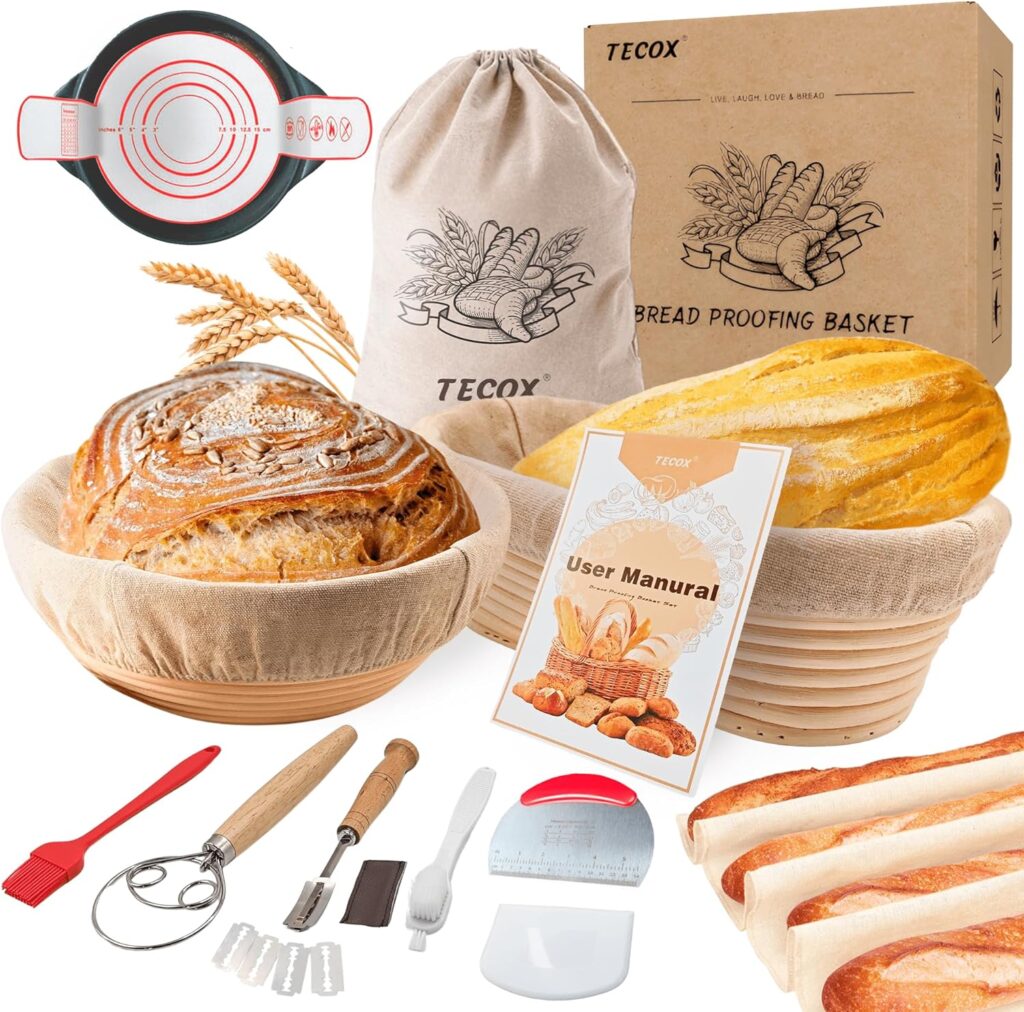 *"Banneton Bread Proofing Basket Set"* is a thoughtful ensemble for sourdough enthusiasts. It includes a **10-inch oval** and a **9-inch round** proofing basket, both designed to help your dough rise beautifully. The set also comes with a **full bread-making kit**, making it an ideal gift for bakers. Whether you're a seasoned bread artist or a beginner, this set promises to enhance your bread-baking experience. 🍞🎁