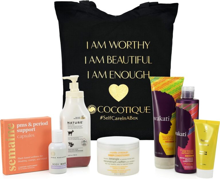 An assortment of beauty and self-care products in a subscription box, tailored for skincare, body care, and curly textured hair care. The box contains a variety of items like facial masks, body lotions, shampoos, conditioners, and other hair care products, designed to nourish and rejuvenate. These products are arranged neatly within a stylish box, creating an inviting and appealing presentation.Beauty Care subscription