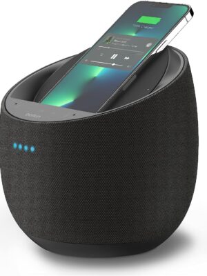 A compact, circular smart speaker in a sleek, modern design, with a built-in wireless charging pad on top. The speaker's exterior features a smooth black finish with a subtle LED indicator light, indicating its operational status. The base of the speaker includes a mesh covering, allowing sound to project outwards. The wireless charging pad has a slight indentation to securely hold a smartphone or other Qi-compatible devices. The overall design is clean and minimalistic, fitting seamlessly into a modern home setting