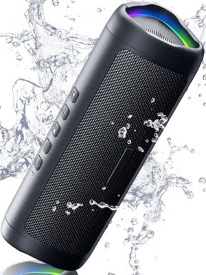 Portable Bluetooth speaker with HD sound, IPX5 waterproof rating, and up to 24 hours of playtime.”