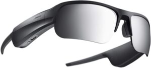 The image depicts a pair of **Bose Tempo Unisex Sport Plastic Mirrored Polarized Black sunglasses**. The alt text for this image could be: "Bose Tempo Unisex Sport Plastic Mirrored Polarized Black sunglasses