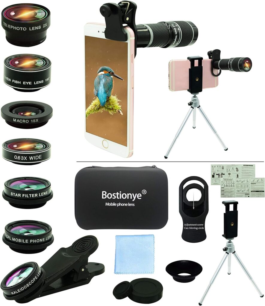 A set of universal camera lens attachments for smartphones, featuring 11 different lens types, including a 20x telephoto lens, 0.63 wide-angle lens, 15x macro lens, 198° fisheye lens, 2x telephoto lens, kaleidoscope lens, CPL (circular polarizing lens), starlight filter, and eyemask filter. The kit also includes a tripod for steady shots and is compatible with most iPhones and other smartphones. The lenses are displayed in a case with individual slots for each lens, showing a complete set of accessories for enhancing smartphone photography.