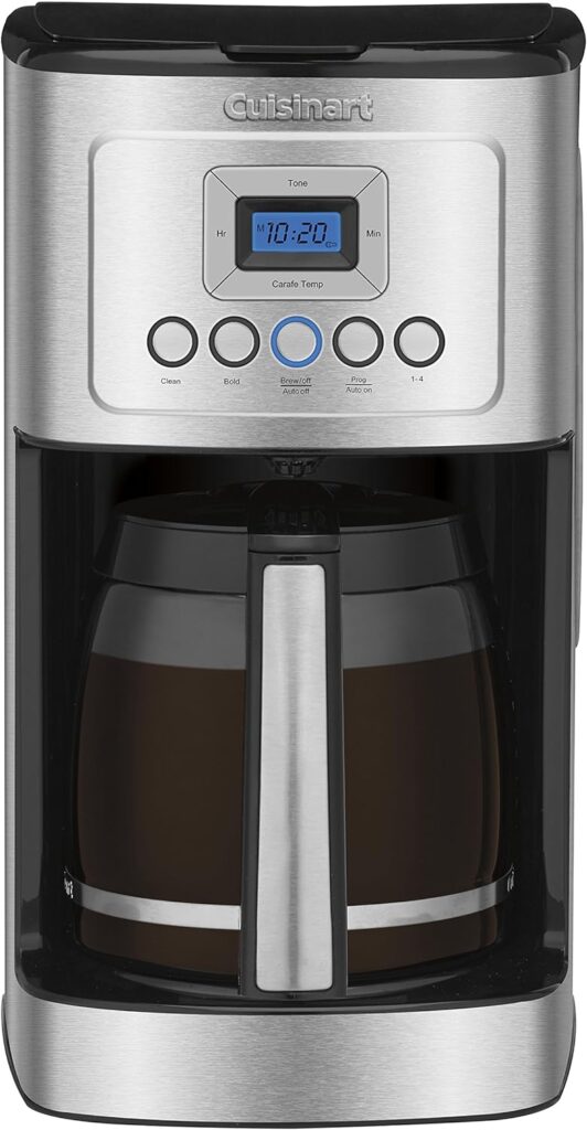 The Cuisinart Coffee Maker is a sleek and efficient appliance designed to brew your morning cup of joe with precision. With a 14-cup glass carafe, it’s perfect for entertaining or satisfying your caffeine cravings. The fully automatic functionality ensures hassle-free brewing, while the brew strength control allows you to customize the intensity of your coffee. Whether you’re brewing a full pot or just a few cups, this stainless steel coffee maker delivers consistent flavor and warmth.”