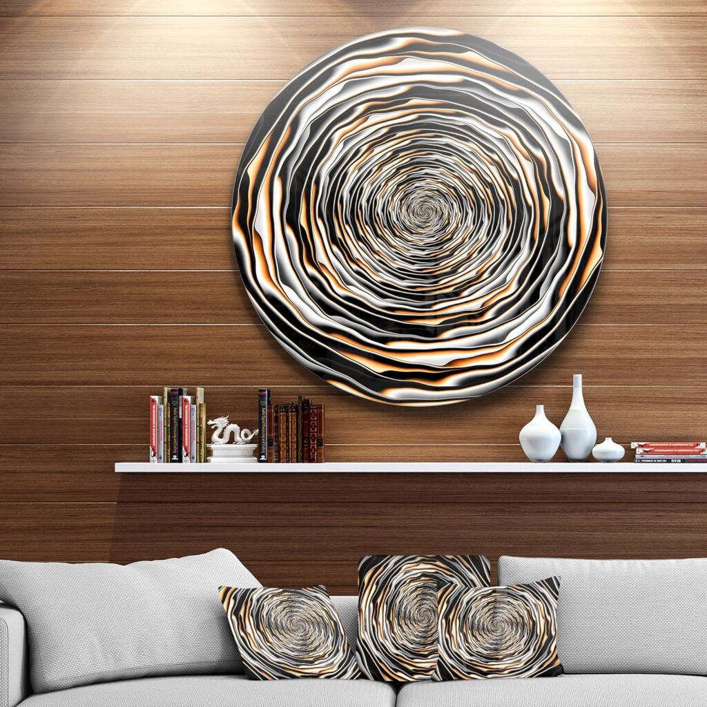 the Designart Fractal Rotating Design Abstract Round Metal Wall Art: “A white circular metal wall art piece with a rotating fractal design. Dimensions: 23 inches in height, 23 inches in width, and 1 inch in depth.”