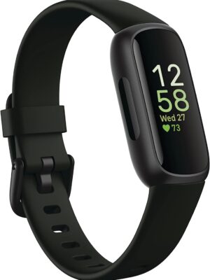A slim, lightweight fitness tracker, the Fitbit Inspire 3, in a sleek Midnight Zen/Black design, comes with interchangeable small and large bands for a customizable fit. This wearable device offers a variety of health and fitness features, including 24/7 heart rate monitoring, stress management, workout intensity tracking, and automatic sleep tracking. It's designed for all-day wear, boasting a sleek profile and a long-lasting battery that lasts up to 10 days on a single charge. The water-resistant design allows for swimming and other water-based activities. Ideal for anyone seeking to track fitness, manage stress, and monitor overall health in a discreet and stylish way.