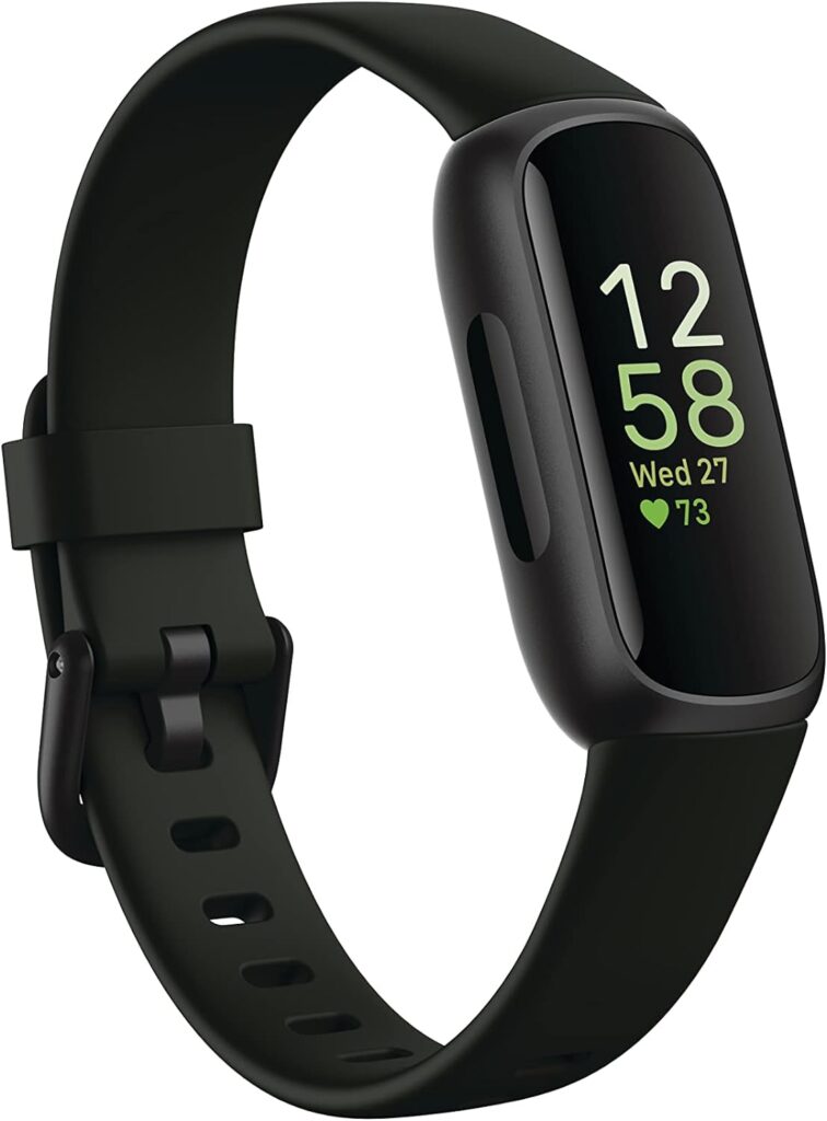 A slim, lightweight fitness tracker, the Fitbit Inspire 3, in a sleek Midnight Zen/Black design, comes with interchangeable small and large bands for a customizable fit. This wearable device offers a variety of health and fitness features, including 24/7 heart rate monitoring, stress management, workout intensity tracking, and automatic sleep tracking. It's designed for all-day wear, boasting a sleek profile and a long-lasting battery that lasts up to 10 days on a single charge. The water-resistant design allows for swimming and other water-based activities. Ideal for anyone seeking to track fitness, manage stress, and monitor overall health in a discreet and stylish way.