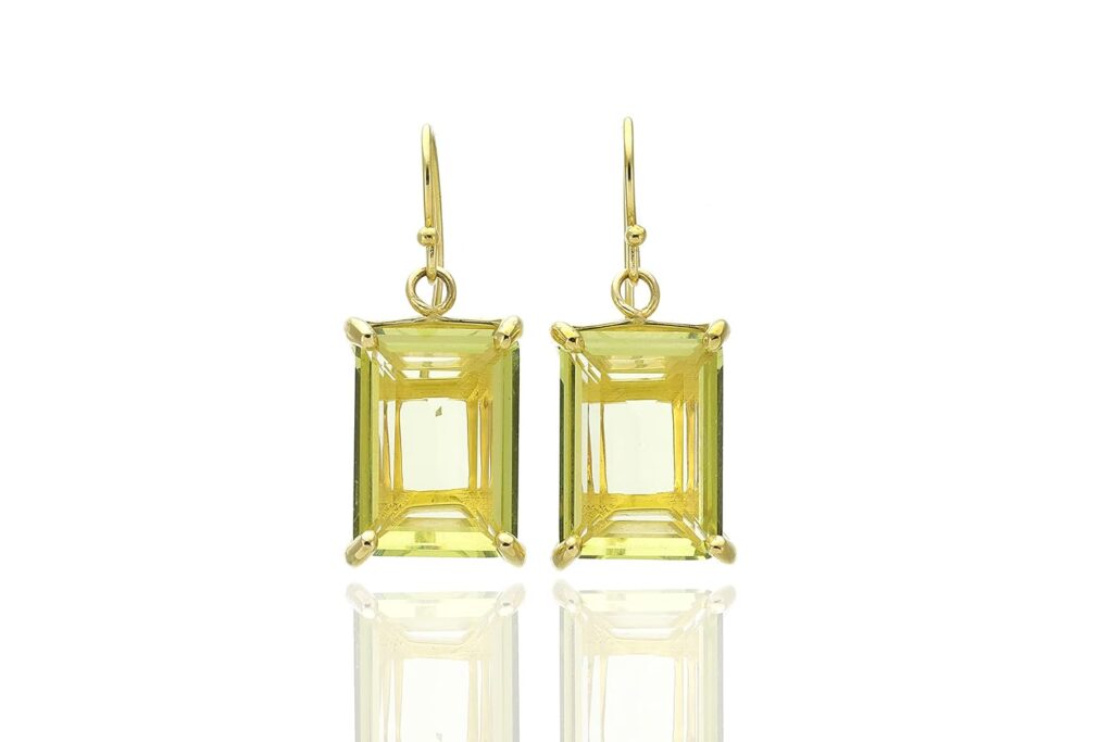 Gold Rectangle Lemon Quartz Earrings, featuring large 13x18mm yellow quartz gemstones. These statement earrings are semi-precious, handmade, and designed as simple yet elegant bridal jewelry. Each pair is a customized, one-of-a-kind accessory.” This alt text aims to provide a detailed and descriptive summary of the earrings for accessibility purposes