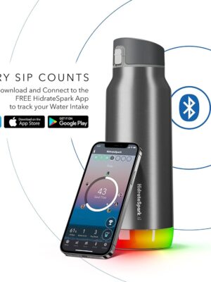 Alt Text for HidrateSpark PRO Smart Bottle** in different sizes: 1. 32 oz Stainless Steel Bottle: - A sleek stainless steel water bottle with a chug lid and a removable Bluetooth-enabled sensor at the base. The sensor glows to remind you to drink and syncs via Bluetooth to the HidrateSpark App. Keeps drinks cold for 24 hours. ¹ 2. 24 oz Lightweight Plastic Bottle: - A lightweight water bottle made of shatter and odor-resistant Tritan™ plastic. The LED smart sensor at the base glows to remind you to drink and syncs with the HidrateSpark App via Bluetooth. ² 3. 21 oz Vacuum-Insulated Stainless Steel Bottle: - A vacuum-insulated stainless steel water bottle that keeps drinks cold for up to 24 hours. The sensor glows to remind you to drink and syncs with the HidrateSpark App. ³