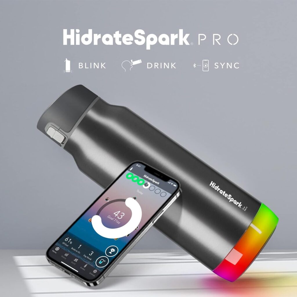Hidrate Spark PRO Smart Water Bottle – Insulated Stainless Steel – Tracks Water Intake with Bluetooth, LED Glow Reminder When You Need to Drink