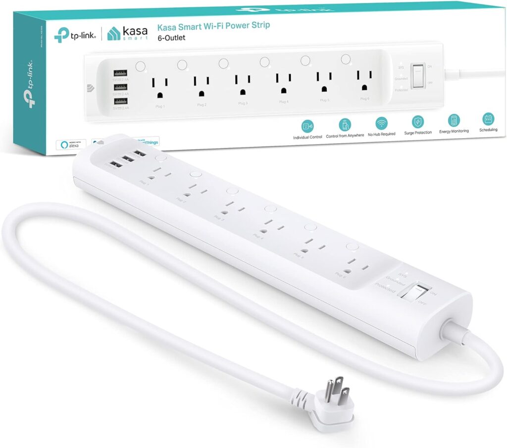 The alt text for the image of the Kasa Smart Plug Power Strip HS300 would be: “Smart power strip with six individually controlled smart outlets and three USB ports.