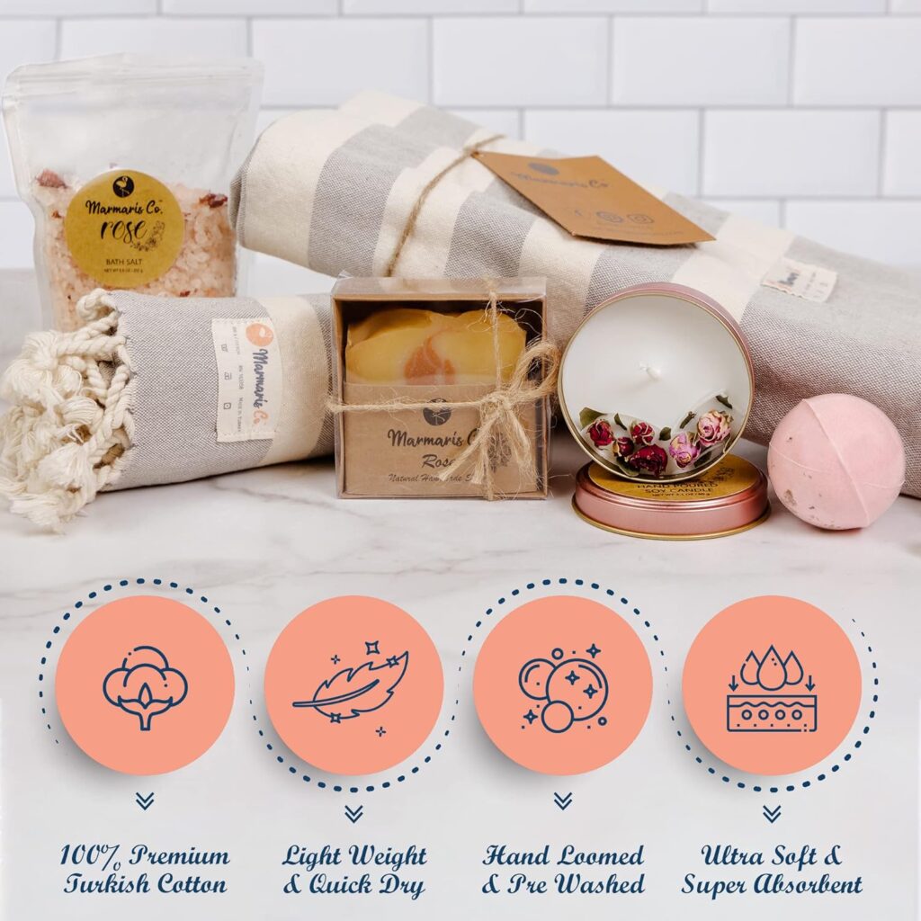 A luxurious spa gift set for Mother's Day, designed for her. This set includes Turkish towels, a hand-made candle, rose-scented soap, bath salts, and a bath bomb. The Turkish towels are soft and absorbent, perfect for a spa-like experience at home. The hand-made candle provides a calming ambiance, while the rose-scented soap, bath salts, and bath bomb offer relaxing aromatherapy during baths. This elegant gift set is ideal for pampering and unwinding.