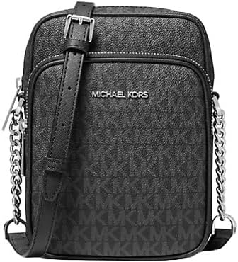 The image depicts the Michael Kors Jet Set Travel Medium Logo Crossbody Bag in black. It is a chic and practical accessory suitable for everyday use.
