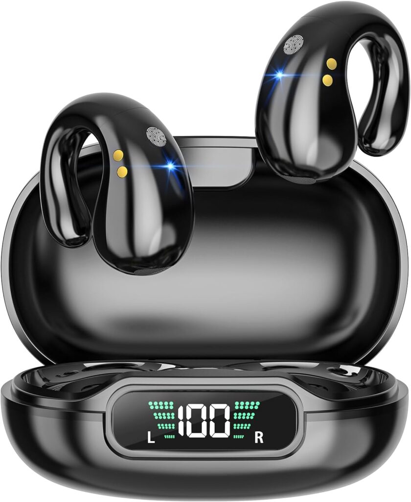 The image depicts the CoolJumper Open Ear Clip Headphones, wireless earbuds with Bluetooth 5.3. These sports earphones feature built-in microphones, ear hooks, and a 36-hour playtime. 🌟🎧🔗
