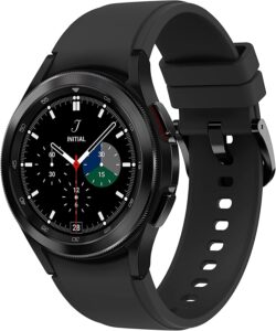  Galaxy Watch 4 Classic: "The Galaxy Watch 4 Classic is a sophisticated smartwatch featuring a circular design with a rotating bezel for navigation. It has a high-resolution AMOLED display, two side buttons for additional controls, and interchangeable straps for personal customization. The watch is equipped with health and fitness tracking capabilities, including heart rate monitoring, sleep analysis, and built-in GPS. It's designed to seamlessly integrate with smartphones, providing notifications and app access right on your wrist."