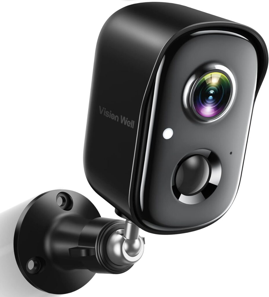 A wireless outdoor security camera with a sleek design, equipped with a spotlight and a siren alarm, mounted on a house exterior. The camera has 1080P high-definition video capability and operates on a rechargeable battery, offering flexibility in placement without needing a power source. It uses AI motion detection to differentiate between different types of movement, such as people, animals, and vehicles, reducing false alarms. The camera connects to a Wi-Fi network, allowing for remote monitoring and control via a smartphone app. It's weather-resistant, suitable for outdoor use, but can also be installed indoors for versatile surveillance.