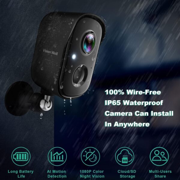 A wireless outdoor security camera with a sleek design, equipped with a spotlight and a siren alarm, mounted on a house exterior. The camera has 1080P high-definition video capability and operates on a rechargeable battery, offering flexibility in placement without needing a power source. It uses AI motion detection to differentiate between different types of movement, such as people, animals, and vehicles, reducing false alarms. The camera connects to a Wi-Fi network, allowing for remote monitoring and control via a smartphone app. It's weather-resistant, suitable for outdoor use, but can also be installed indoors for versatile surveillance.
