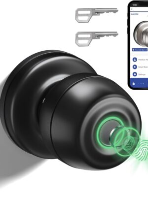 “Smart door knob with fingerprint recognition, touchscreen keypad, and matte black finish.