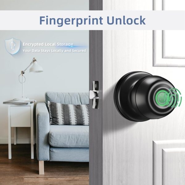 “Smart door knob with fingerprint recognition, touchscreen keypad, and matte black finish.