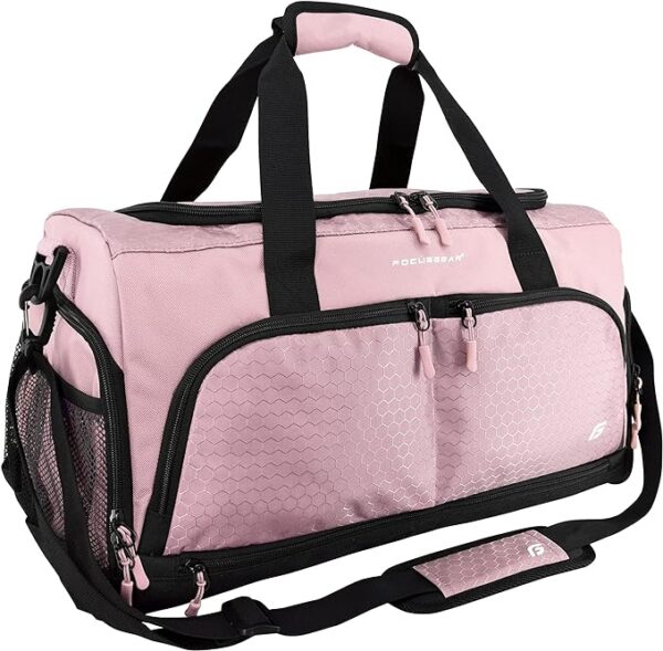 "An image of the **Ultimate Gym Bag 2.0** – a durable and intelligently designed duffel bag with multiple compartments, including a full-length shoe pocket, wet pocket, and bottle holders."