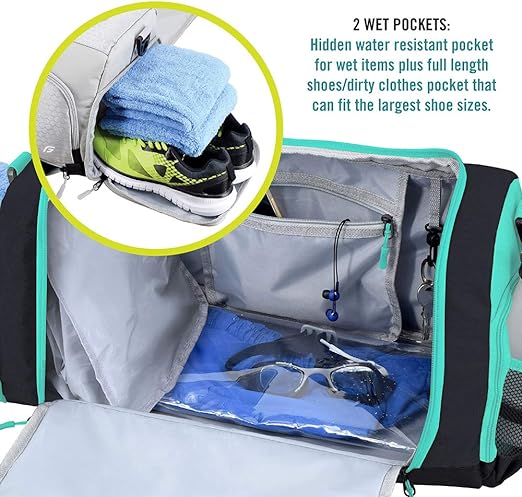 "An image of the **Ultimate Gym Bag 2.0** – a durable and intelligently designed duffel bag with multiple compartments, including a full-length shoe pocket, wet pocket, and bottle holders." 🎒🏋️‍♀️