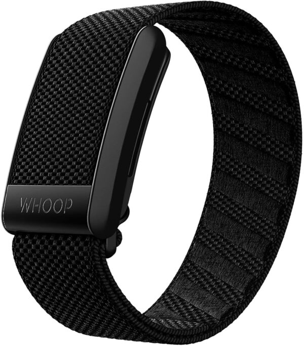 A sleek, minimalist wearable device designed for health and fitness tracking, the WHOOP 4.0 is black with a durable SuperKnit band. It has no screen, focusing on tracking meaningful biometric data like heart rate variability, resting heart rate, and strain levels. This device can be worn 24/7 without interruption, thanks to its wireless battery pack that doesn't require removal for charging. It's IP68 dust-proof and water-resistant, allowing use in various conditions. WHOOP 4.0 offers advanced sleep tracking, personalized coaching, and compatibility with customizable bands, with up to 74,000 color and material combinations.