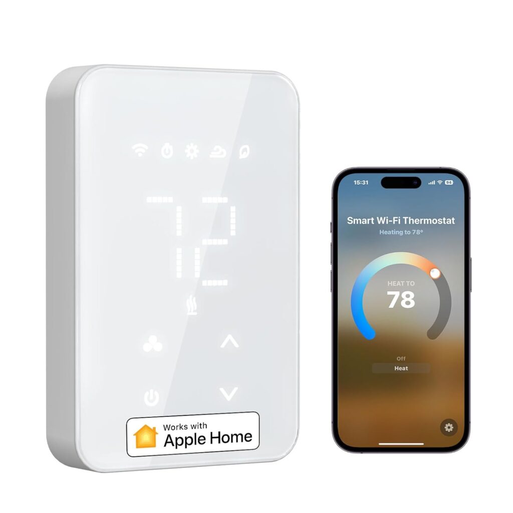 Smart thermostat with voice and remote control, compatible with Apple Home, Alexa, Google Home, and SmartThings, designed for electric baseboard and in-wall heaters.