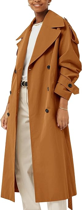 “Women’s oversized long trench coat with double-breasted lapel, windproof overcoat, and belt by Farktop.