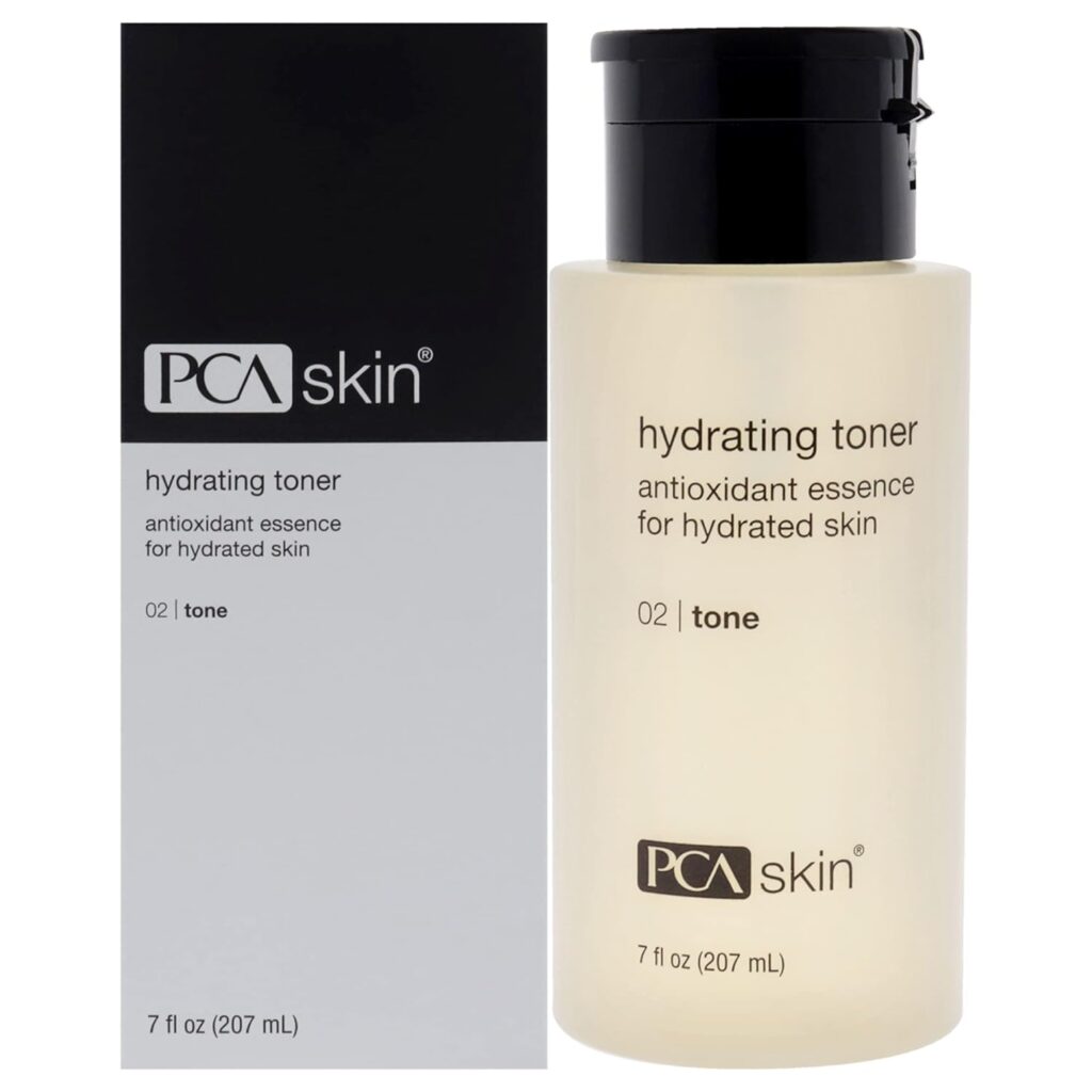 product image of the **PCA SKIN Hydrating Face Toner**: **"A bottle of PCA SKIN Hydrating Face Toner. The toner is alcohol-free, moisturizing, and contains antioxidants. It is designed to purify pores and has a non-comedogenic formula. Rated 4.6 out of 5 stars with 750 ratings."** 😊
