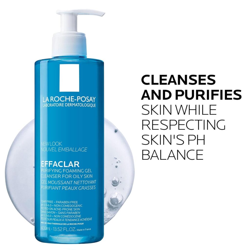 A bottle of La Roche-Posay Effaclar Purifying Foaming Gel Cleanser. The cleanser is designed for oily skin and comes in a 13.52 fl oz (400 ml) pack. It is pH balancing, oil-free, and soap-free.”